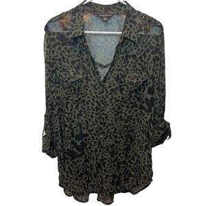 ROCK & REPUBLIC GREEN SHEER LEOPARD PRINT ROLL TAB SLEEVE BUTTON DOWN XL BLOUSE